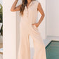 Smoke Gray Textured Buttoned Wide Leg Sleeveless Jumpsuit