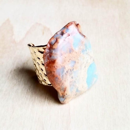 Chunky Aqua Terra Slab on Hammered Cuff Ring Base