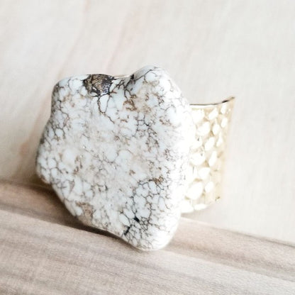 White Turquoise Slab on Hammered Gold Ring Base