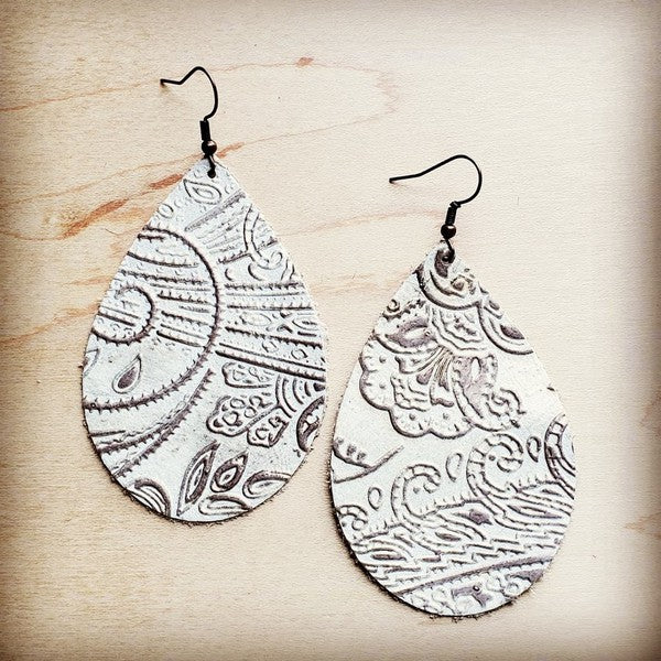 Leather Teardrop Earring in Oyster Paisley