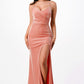 Sparkling knit jacquard side gather spaghetti gown