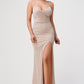 Sparkling knit jacquard side gather spaghetti gown