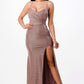 Sparkling knit jacquard side gather spaghetti gown