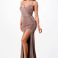 Sparkling knit jacquard side gather spaghetti gown