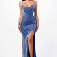 Sparkling knit jacquard side gather spaghetti gown