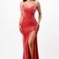 Sparkling knit jacquard side gather spaghetti gown