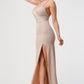 Sparkling knit jacquard side gather spaghetti gown