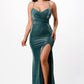 Sparkling knit jacquard side gather spaghetti gown