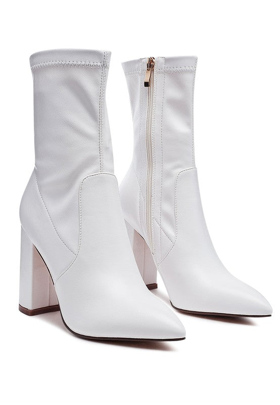 Pointed Toe Leather Block Heel Boots