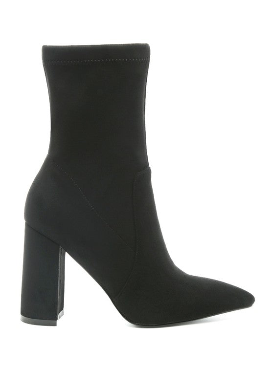 Pointed Toe Leather Block Heel Boots