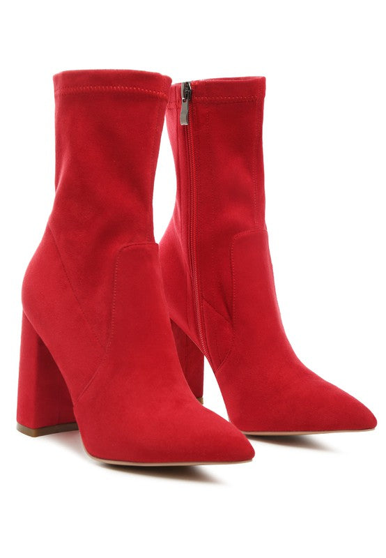 Pointed Toe Leather Block Heel Boots