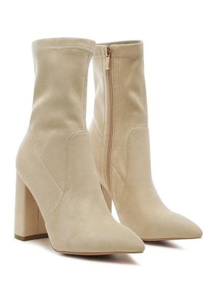 Pointed Toe Leather Block Heel Boots