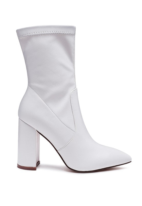 Pointed Toe Leather Block Heel Boots