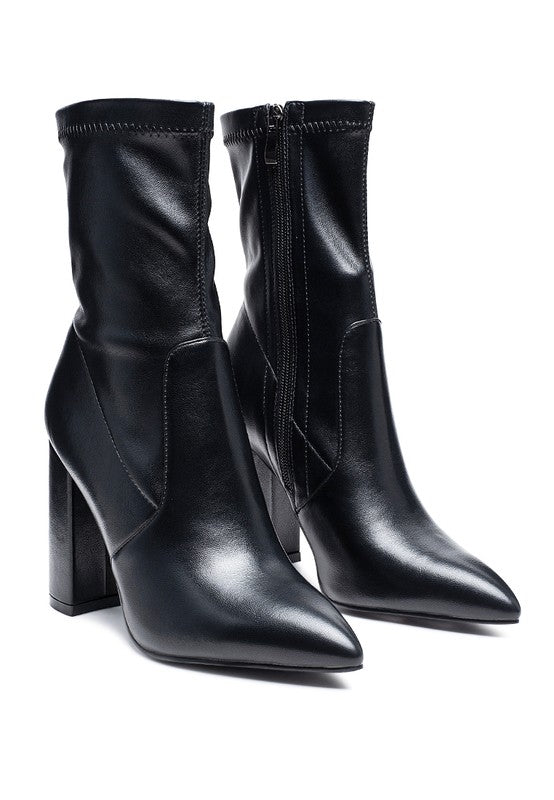 Pointed Toe Leather Block Heel Boots