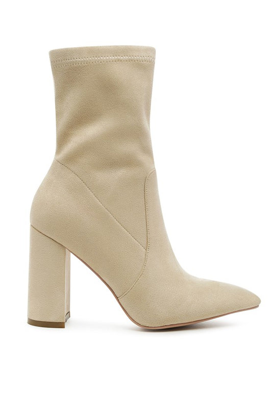 Pointed Toe Leather Block Heel Boots