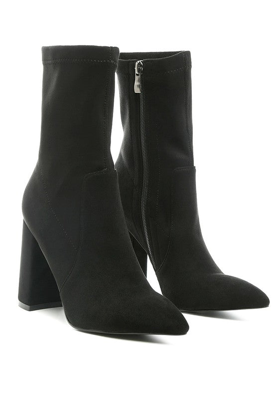 Pointed Toe Leather Block Heel Boots