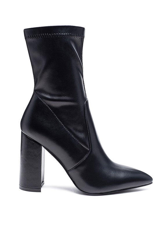 Pointed Toe Leather Block Heel Boots