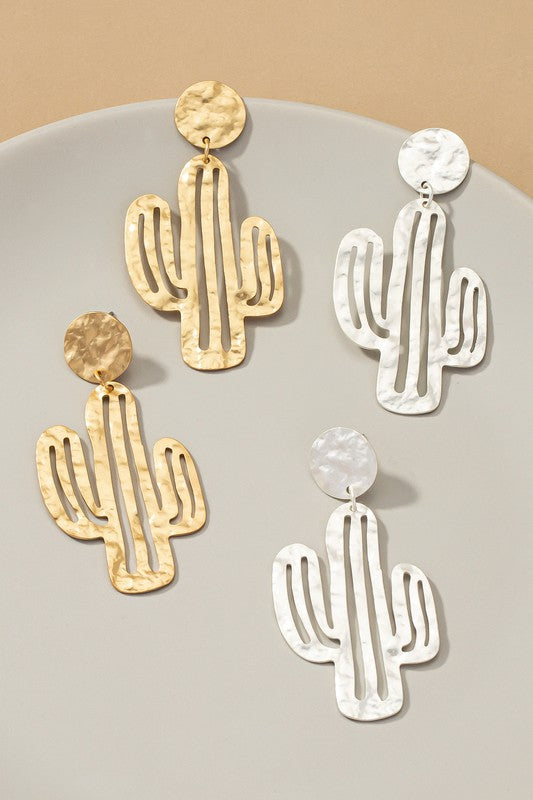 Hammered thin metal openwork cactus drop earrings