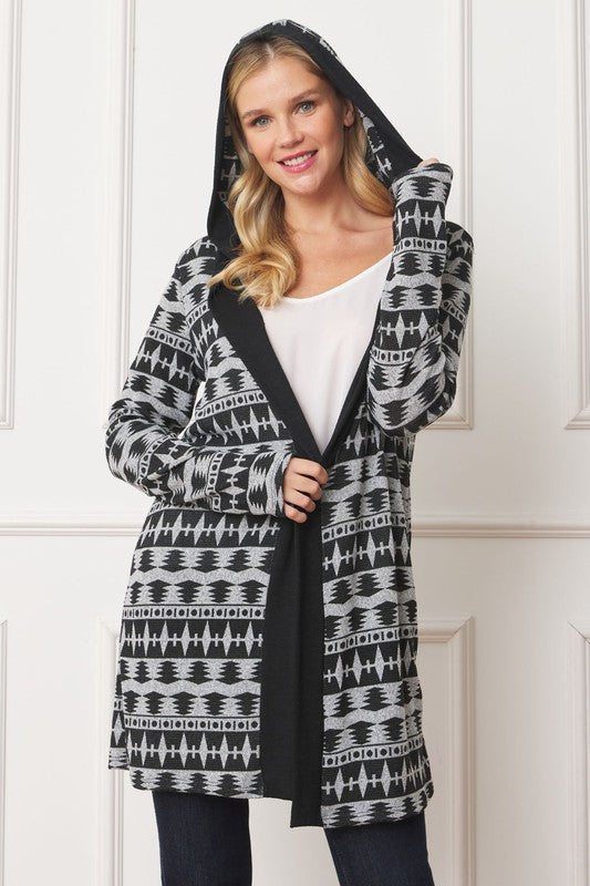 Long Tribal Print Hooded Cardigan