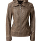 Women's Casual Stand Collar Leather Jacket with Detachable Hood