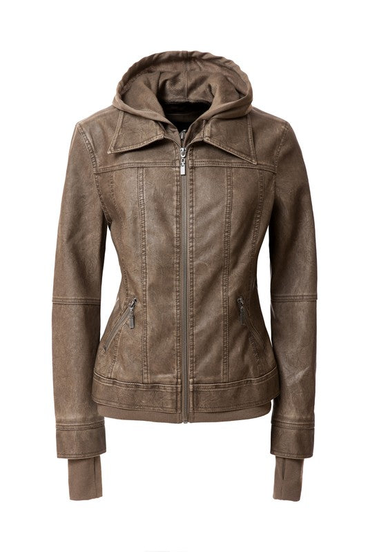 Women's Casual Stand Collar Leather Jacket with Detachable Hood