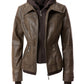 Women's Casual Stand Collar Leather Jacket with Detachable Hood