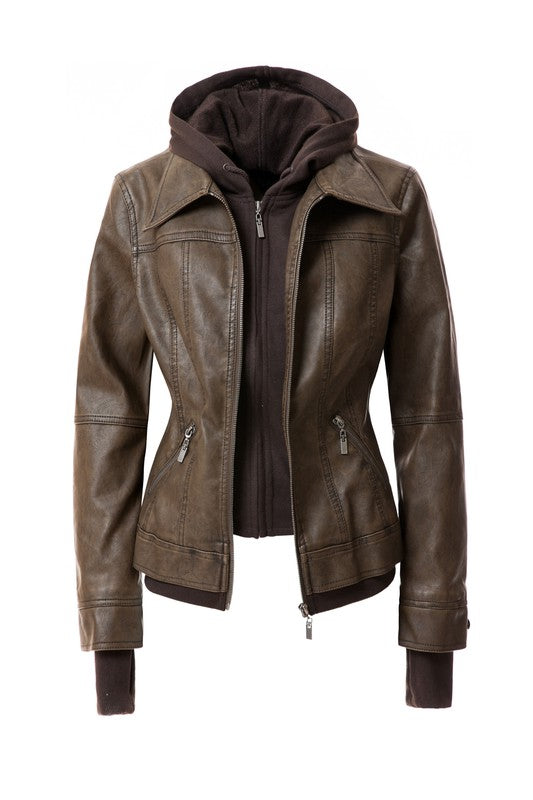 Women's Casual Stand Collar Leather Jacket with Detachable Hood