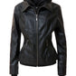 Women's Casual Stand Collar Leather Jacket with Detachable Hood