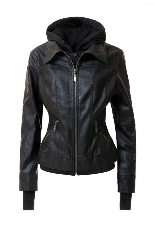 Women's Casual Stand Collar Leather Jacket with Detachable Hood