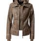 Women's Casual Stand Collar Leather Jacket with Detachable Hood