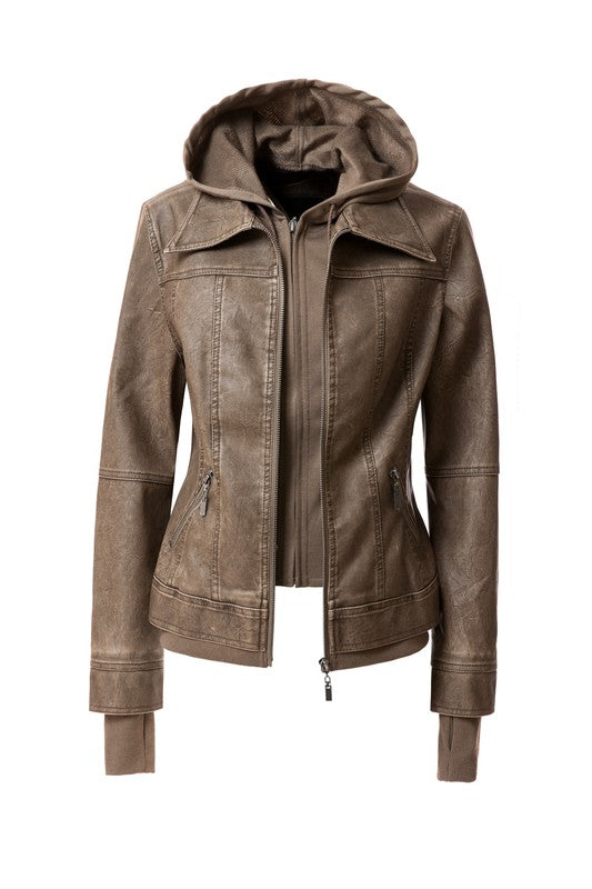 Women's Casual Stand Collar Leather Jacket with Detachable Hood