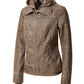 Women's Casual Stand Collar Leather Jacket with Detachable Hood