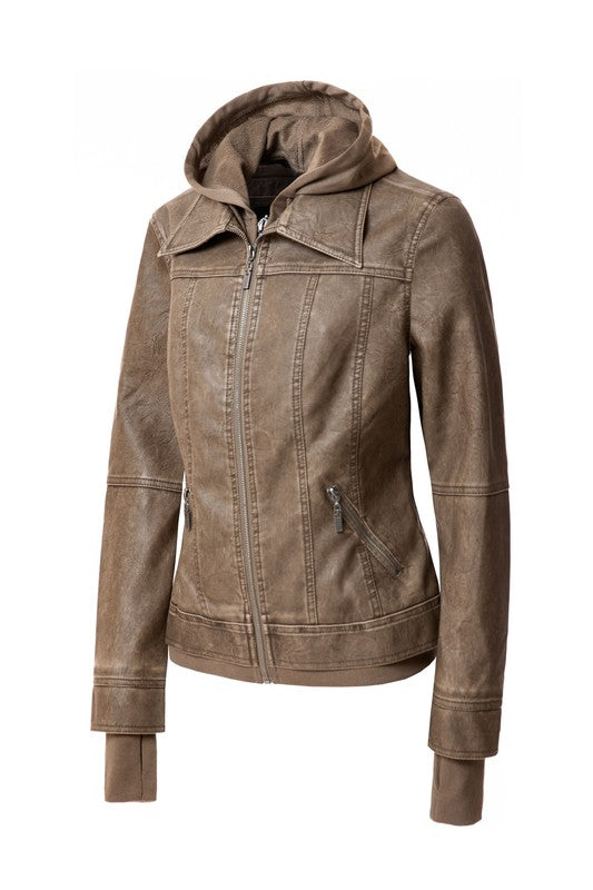 Women's Casual Stand Collar Leather Jacket with Detachable Hood