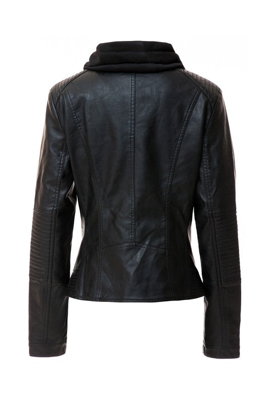 Women's Casual Stand Collar Leather Jacket with Detachable Hood