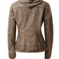 Women's Casual Stand Collar Leather Jacket with Detachable Hood