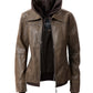 Women's Casual Stand Collar Leather Jacket with Detachable Hood