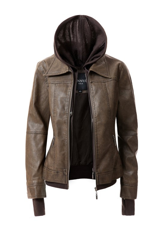 Women's Casual Stand Collar Leather Jacket with Detachable Hood