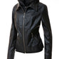 Women's Casual Stand Collar Leather Jacket with Detachable Hood