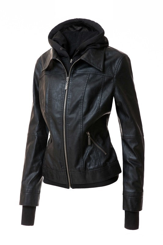 Women's Casual Stand Collar Leather Jacket with Detachable Hood