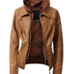 Women's Casual Stand Collar Leather Jacket with Detachable Hood