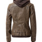 Women's Casual Stand Collar Leather Jacket with Detachable Hood