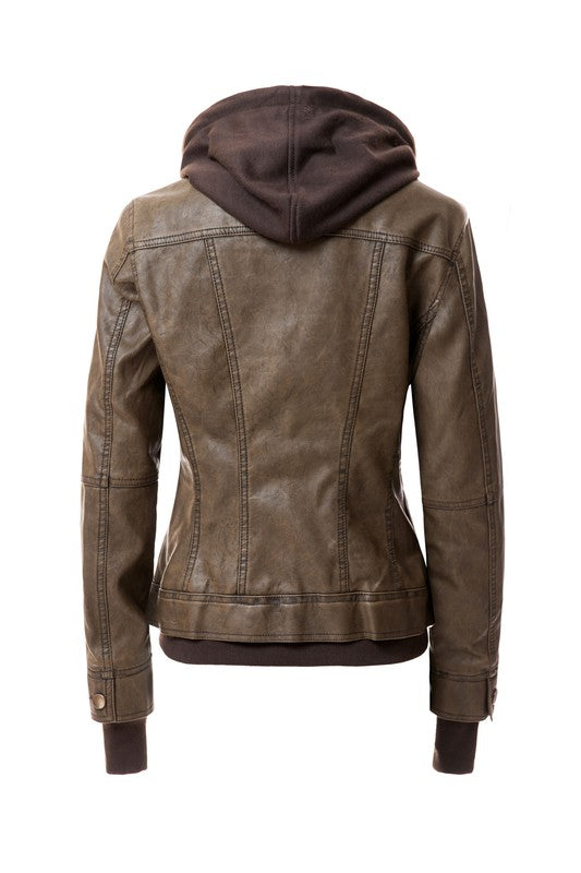 Women's Casual Stand Collar Leather Jacket with Detachable Hood