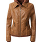 Women's Casual Stand Collar Leather Jacket with Detachable Hood