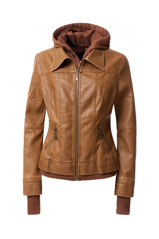 Women's Casual Stand Collar Leather Jacket with Detachable Hood