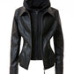 Women's Casual Stand Collar Leather Jacket with Detachable Hood