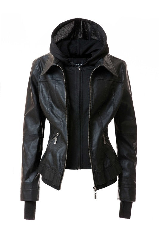 Women's Casual Stand Collar Leather Jacket with Detachable Hood