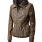 Women's Casual Stand Collar Leather Jacket with Detachable Hood