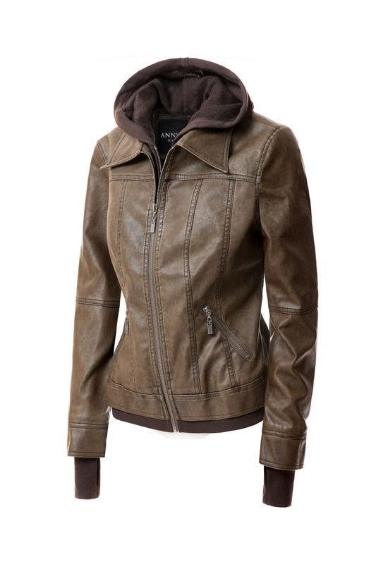 Women's Casual Stand Collar Leather Jacket with Detachable Hood