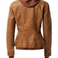 Women's Casual Stand Collar Leather Jacket with Detachable Hood