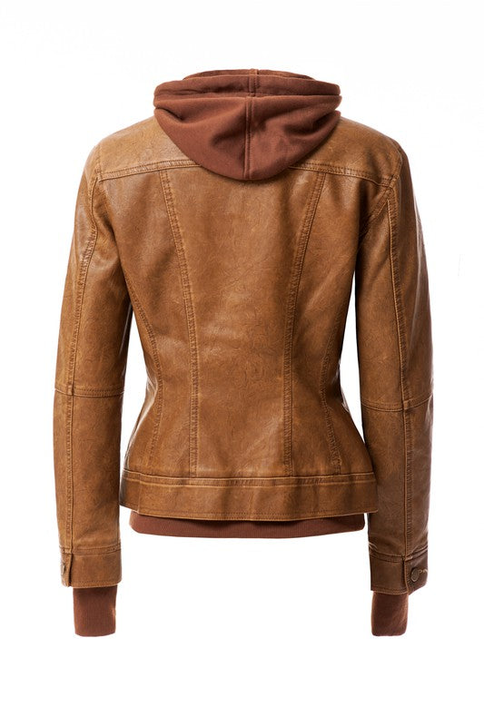 Women's Casual Stand Collar Leather Jacket with Detachable Hood